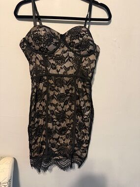 iris Black Lace Mini Dress with Nude Lining
